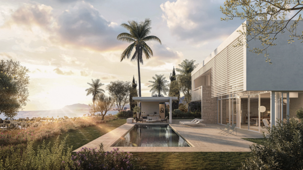 Architectural rendering of a Four Seasons Marbella villa with a private pool, landscaped gardens and Mediterranean Sea views at sunset.
